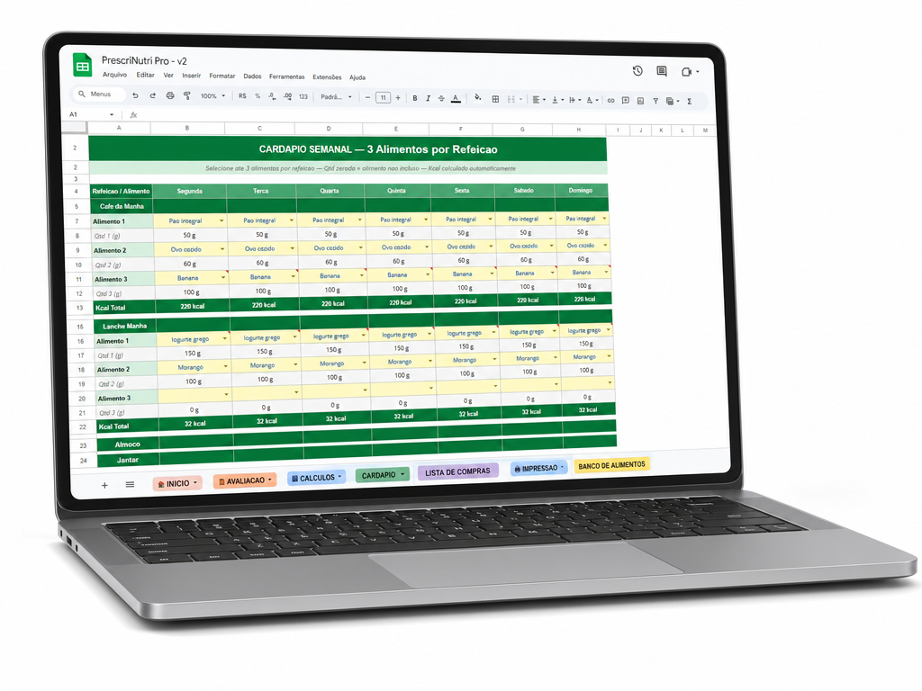 Mockup da planilha PrescriNutri Pro aberta em um laptop