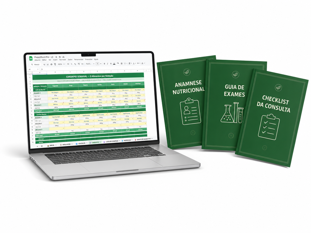 Mockup completo do PrescriNutri Pro com todos os bônus